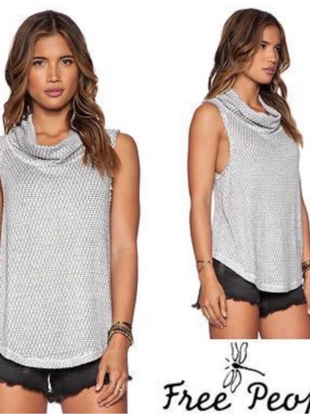 Free People Cowl Neck Sleeveless Top Hacci Stretch Knit Flowy -Black